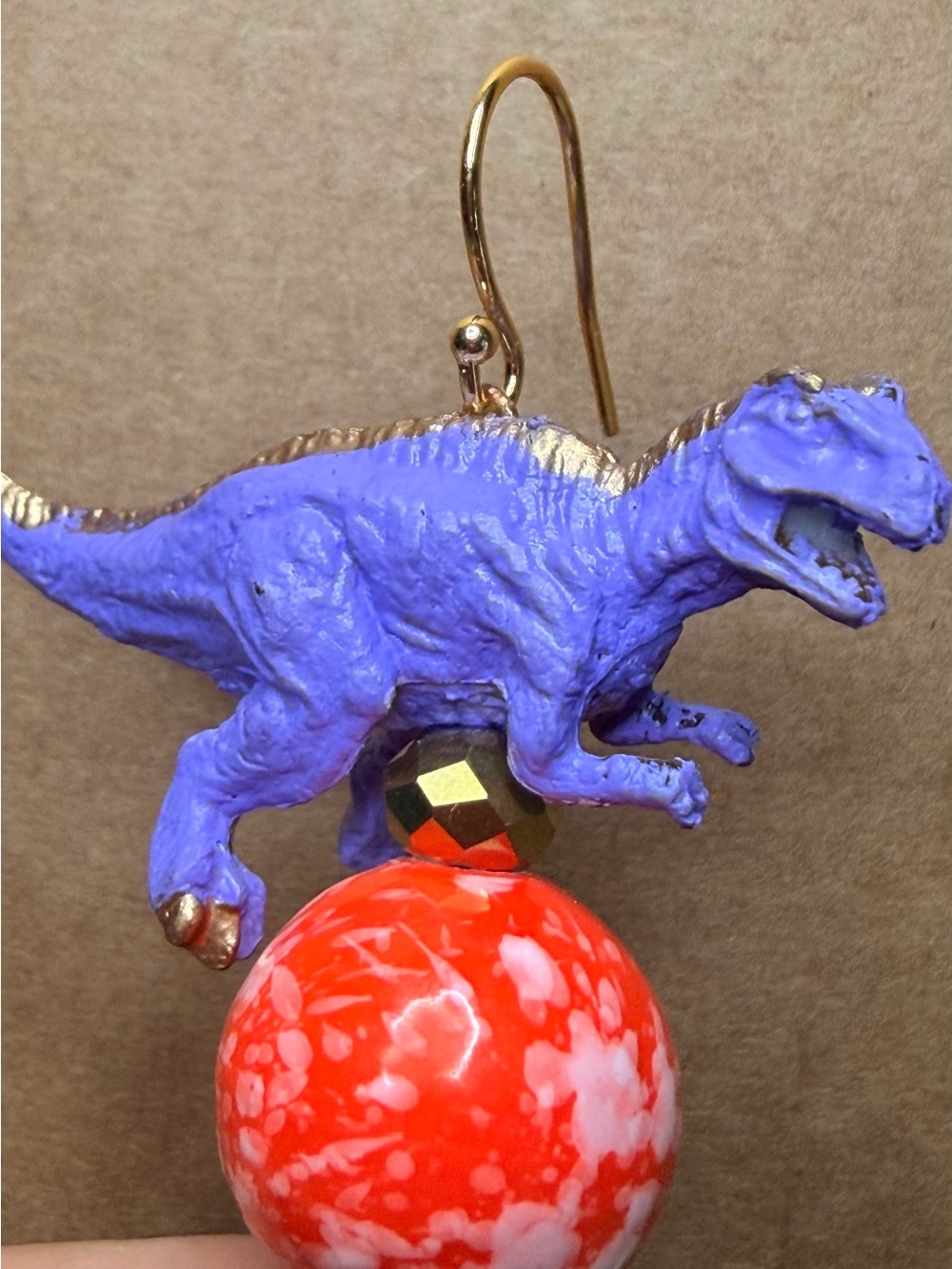 Playful Purple Tyrannosaurus Dinosaur Tassel Earrings with Orange Beads - Picture 3 of 5